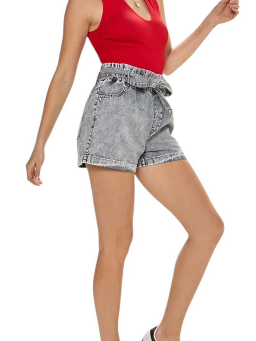tgla Acid Wash Paperbag Denim Shorts High Waisted Tie Belt Cuffed Size S